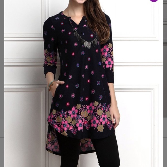 Navy floral button front split hem tunic - Picture 1 of 3